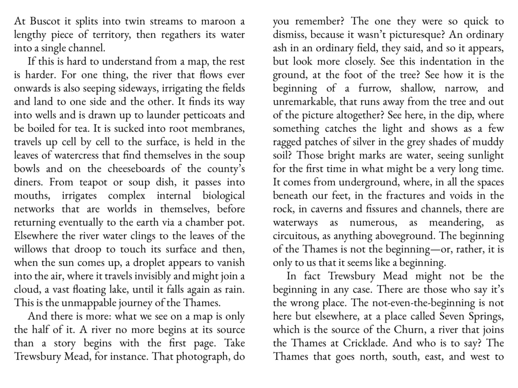 If this is hard to understand from a map, the rest is harder. For one thing, the river that flows ever onwards is also seeping sideways, irrigating the fields and land to one side and the other. It finds its way into wells and is drawn up to launder petticoats and be boiled for tea. It is sucked into root membranes, travels up cell by cell to the surface, is held in the leaves of watercress that find themselves in the soup bowls and on the cheeseboards of the country's diners. From teapot or soup dish, it passes into mouths, irrigates complex internal biological networks that are worlds in themselves, before returning eventually to the earth via a chamber pot. Elsewhere the river water clings to the leaves of the willows that droop to touch its surface and then, when the sun comes up, a droplet appears to vanish into the air, where it travels invisibly and might join a cloud, a vast floating lake, until it falls again as rain. This is the unmappable journey of the Thames.

And there is more: what we see on a map is only the half of it. A river no more begins at its source than a story begins with the first page. Take Trewsbury Mead, for instance. That photograph, do you remember? The one they were so quick to dismiss, because it wasn't picturesque? An ordinary ash in an ordinary field, they said, and so it appears, but look more closely. See this indentation in the ground, at the foot of the tree? See how it is the begining of a furrow, shallow, narrow, and unremarkable, that runs away from the tree and out of the picture altogether? See here, in the dip, where something catches the light and shows as a few ragged patches of silver in the grey shades of muddy soil? Those bright marks are water, seeing sunlight for the first time in what might be a very long time. It comes from underground, where, in all the spaces beneath our feet, in the fractures and voids in the rock, in caverns and fissures and channels, there are waterways as numerous, as meandering, as circuitous, as anything aboveground. The beginning of the Thames is not the beginning--or, rather, it is only to us that it seems like a beginnng.

In fact Trewsbury Mead might not be the beginning in any case. There are those who say it's the wrong place. The not-even-the-beginning is not here but elsewhere, at a place called Seven Springs, which is the source of the Churn, a river that joins the Thames at Cricklade. And who is to say? The Thames that goes north, south, east, and west to