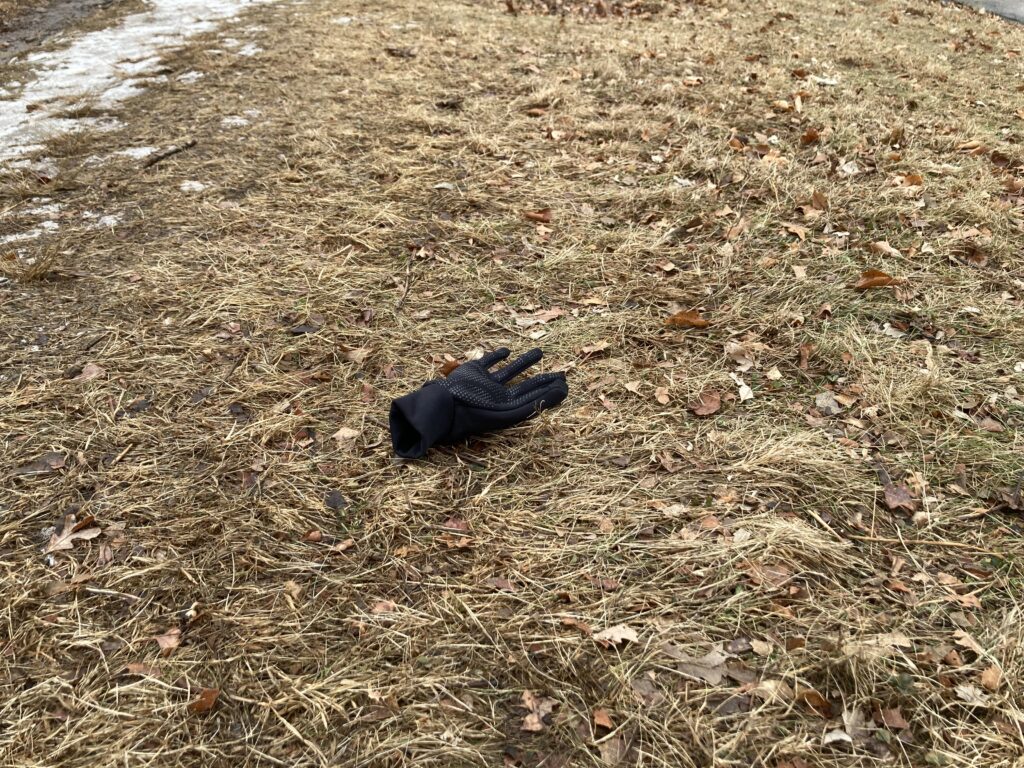 a black glove in the center of dirt and brown grass