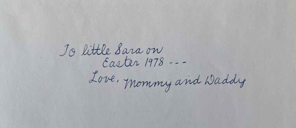 book inscription: To little Sara on Easter 1978 -- from Mommy and Daddy
