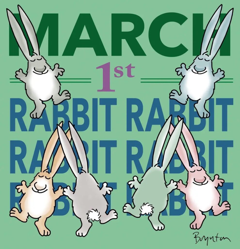 text: MARCH rabbit rabbit rabbit rabbit combined with cartoon rabbits, looking cute (and not remotely real)