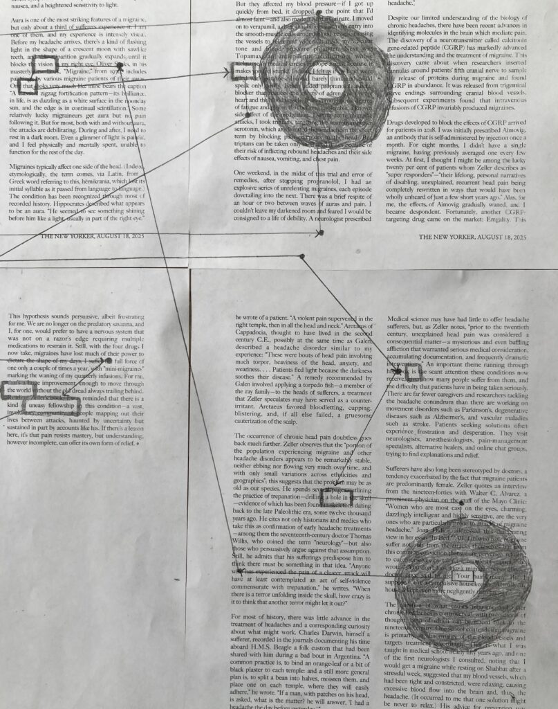 an image of words, 2 circles with a hole in the center, sketched in pencil, representing my blind spot