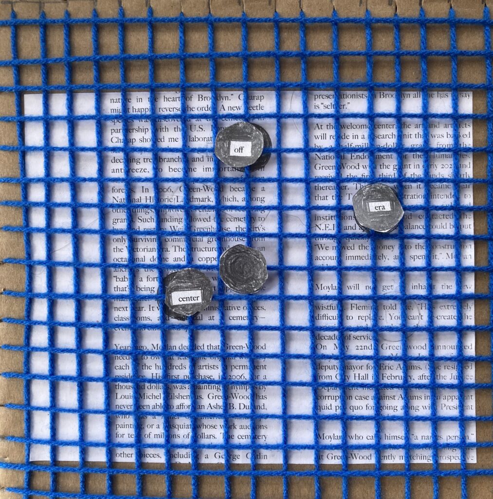 a blue grid over found text, a black dot in the center then three dots scattered around it reading "off center era"