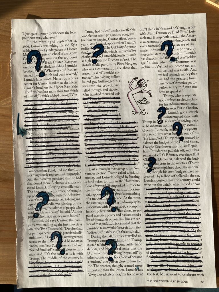 a page from an essay. Lines are blacked or covered in question marks, except one: "Let me ask you a question"